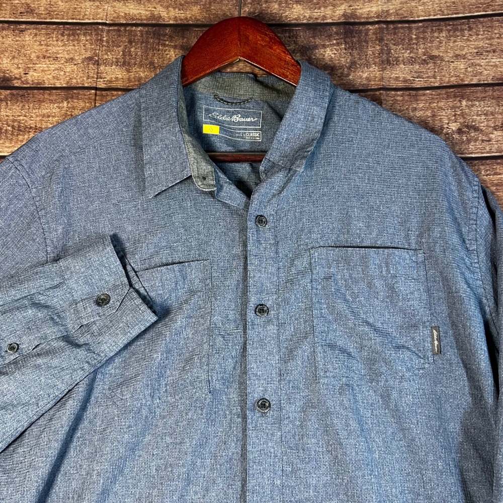 Eddie Bauer Mens Travex Classic Fit Blue Heathered Long Sleeve Hiking Shirt L
